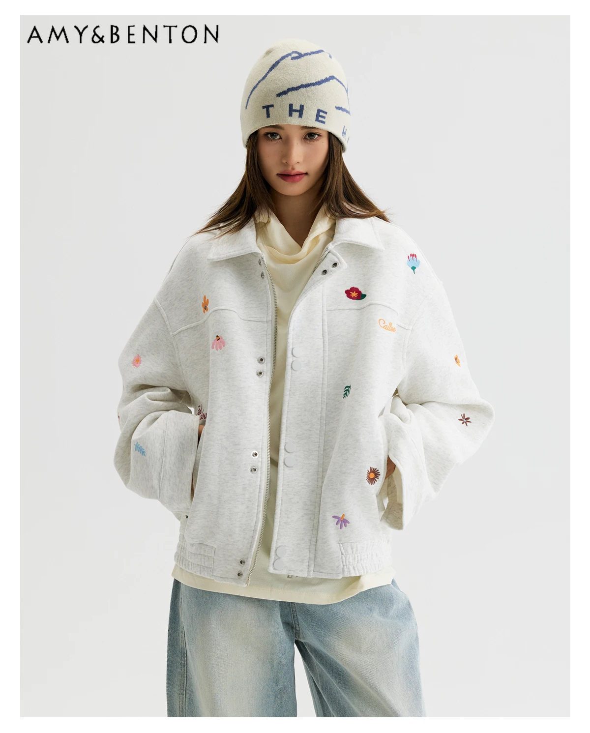 

Весенне-осенняя женская серая куртка в стиле ретро с цветочной вышивкой, свободная повседневная куртка для пары с отложным воротником, черное кофейное пальто