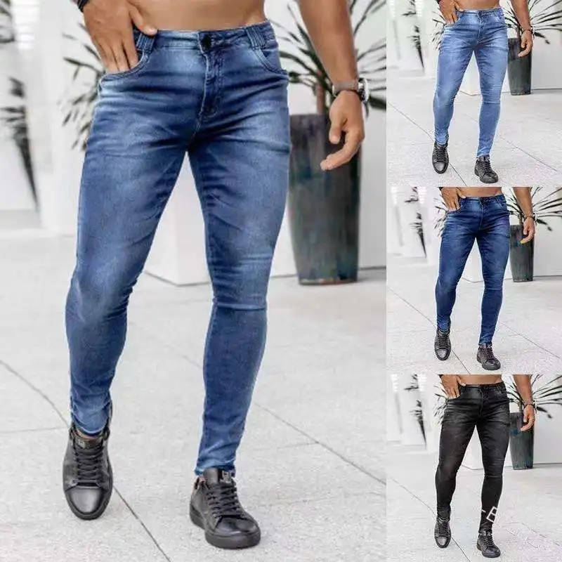 

2026 Spring Summer Men's Black Denim Jeans Pants Slim Fit Skinny Trousers High Waist Bottoms