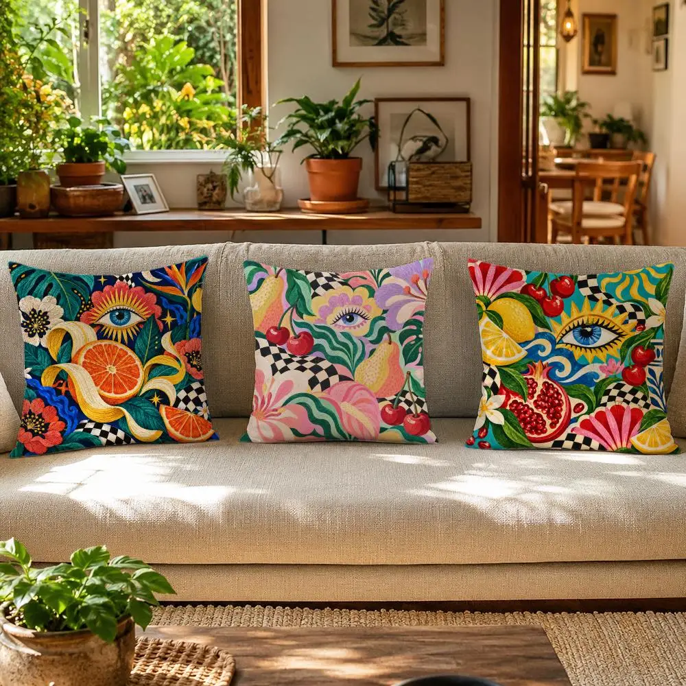 Surreal Fruit Maximalist Pop Art Cushion Cover Skin-Friendly Organic Linen Pillow Cover Durable Hypoallergenic Washable Soft