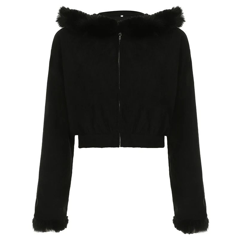 IAMHOTTY Faux Feather Fur Hooded Corduroy Jackets Fall Winter Korean Zipper Cropped Coat Casual Basic Cardigan Punk Outerwear