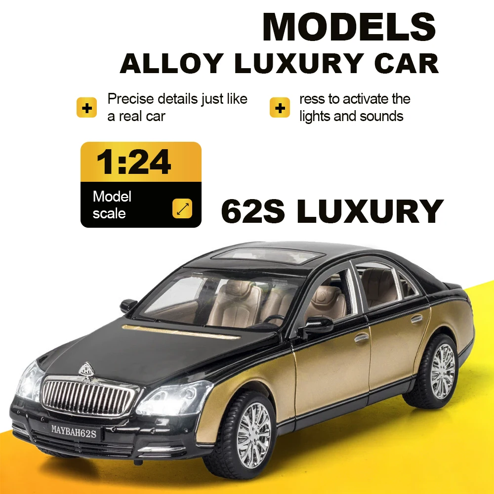 1:24 Scale 62S S600 Car Model Toy Doors Opened Sound Light Models Pull Back Rubber Tires Luxury Vehicle Bedroom Decorations
