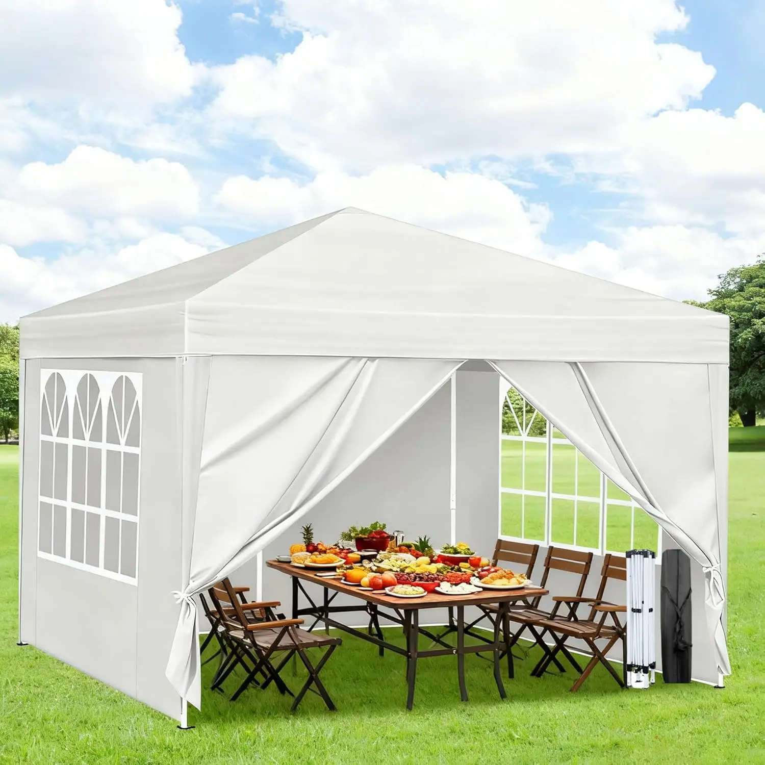 

10X10FT White Pop Up Canopy Party Tent, Outdoor Commercial Instant Gazebo with 4 Removable Sidewalls for Events, Wedding, Backya