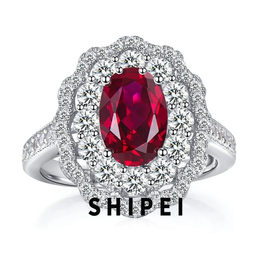 

SHIPEI Vintage 925 Sterling Silver Oval 6*9 MM Ruby White Sapphire Gemstone Wedding Party Ring For Women Fine Jewelry Wholesale