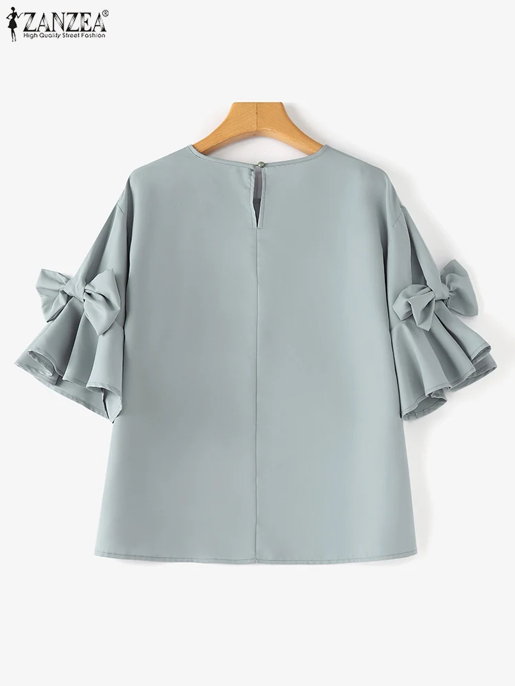 ZANZEA Vintage Bow Tie Patchwork Chiffon Blouse Women Korean Ruffles Shirt 2024 Autumn Elegant Lantern Short Sleeve Tops Tunic