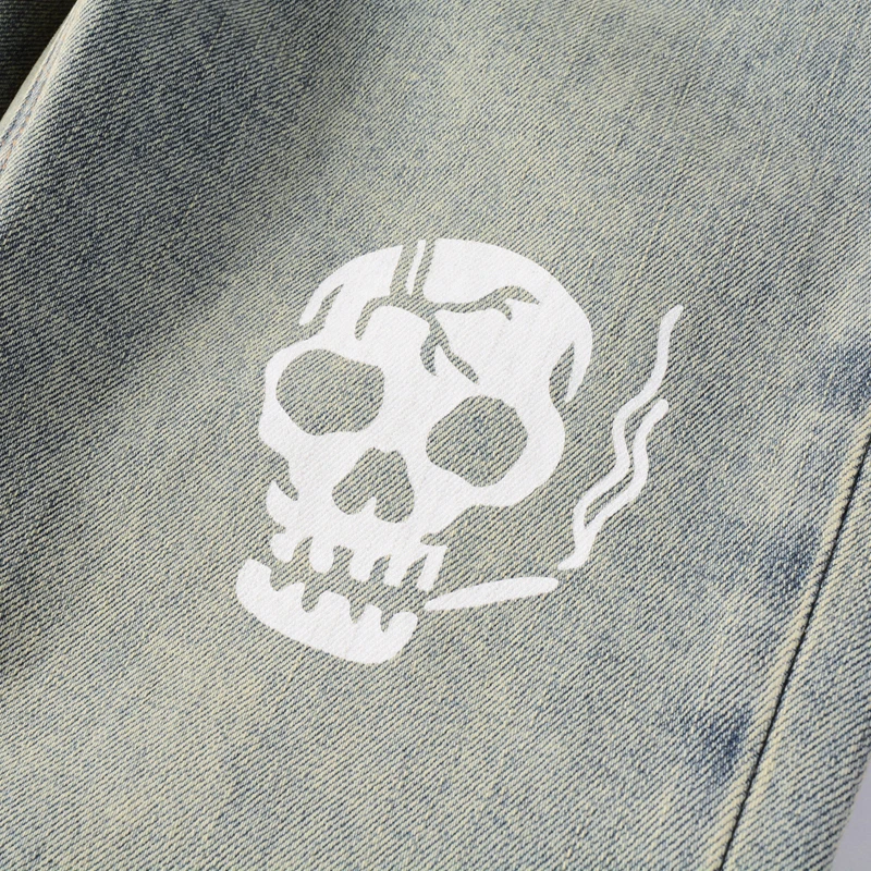 Neue Amerikanische High Street KSUBI Kreuz Gestickte Jeans Waschen Retro Schädel Druck Jeans Männer Stretch Dünne Hip Hop Streetwear