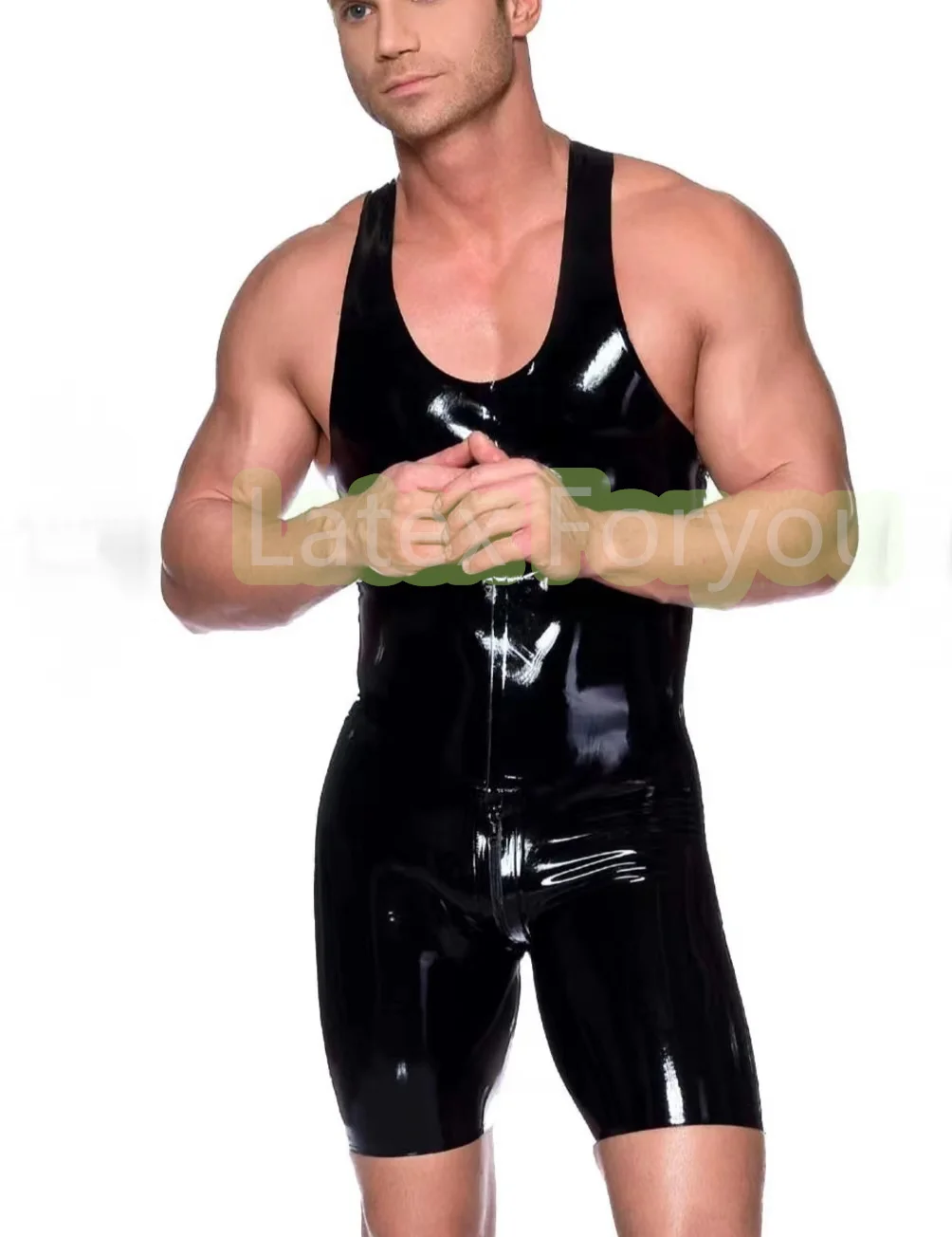 Men\'s fashion 100% Latex Rubber Leotard Natural Black Unique Short Jumpsuits Cool Rompers Customized with Crotch Zip