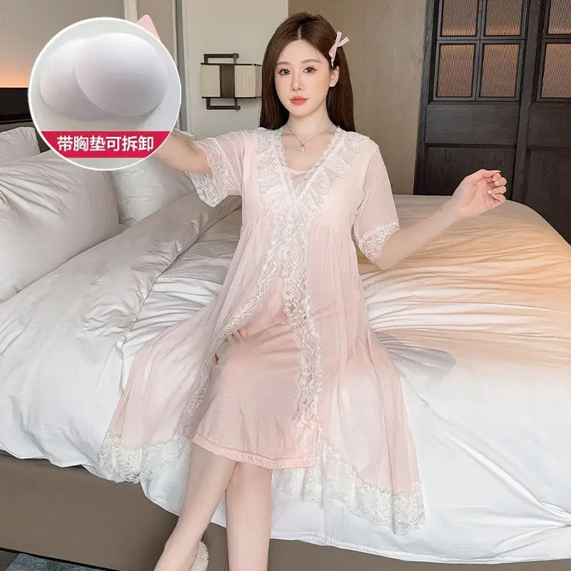 2024 Summer Cotton Short Sleeve Sexy Lace V-neck Lingerie Nightgowns for Women Cute Sleepwear Night Dress Nightdress Home Nighty 2