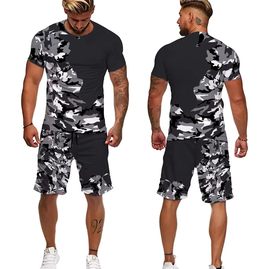 3D Druck Camouflage Sommer Männer T shirt Set Kind Trainingsanzug Anzug Im Freien Frauen Übergroßen Casual Shorts 2PCS Outfits Männer trainingsanzug