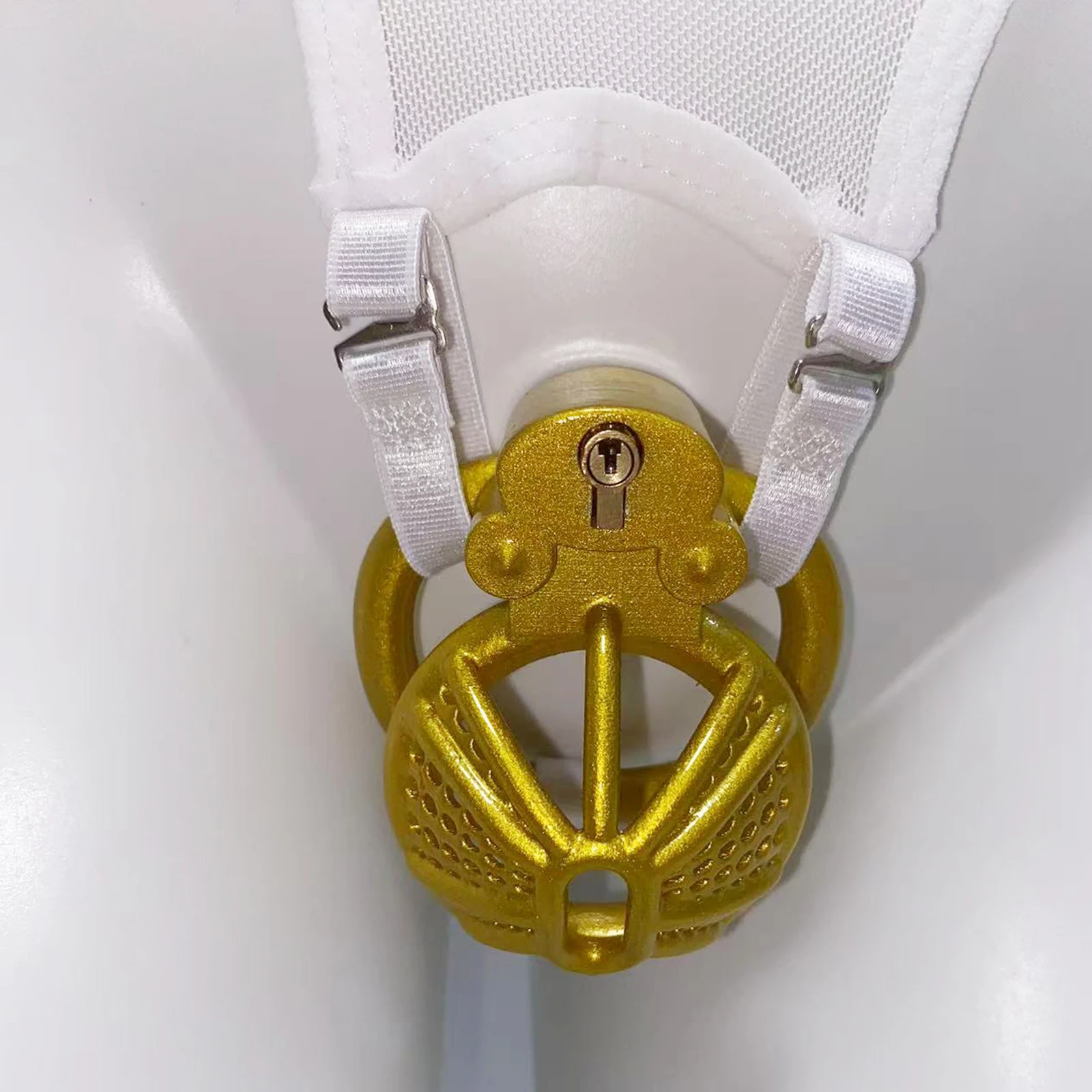 White Thong Male Chastity Cage with Fixed Strap Anti-Off Device Elastic Band BDSM Auxiliary Belt Penis Ring for Adult