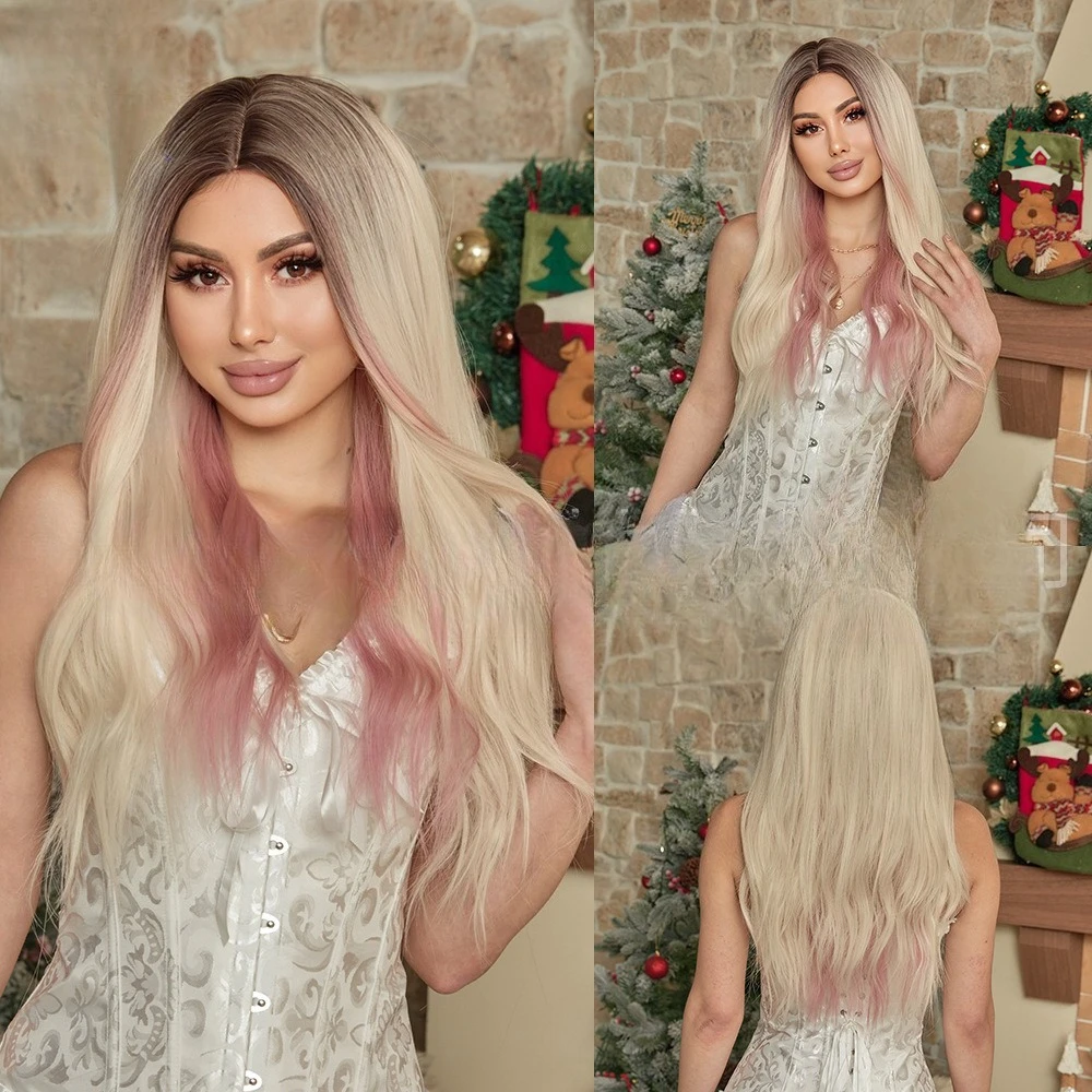 

European and American women's wig cover dyeing gradual change golden pink wig full head cover big waves long curly hair