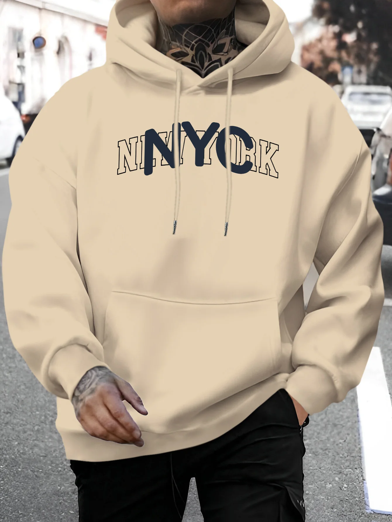 New York Letter Print Men's Hoodie - Casual Pullover with Drawstring, Comfortable and Versatile for Fall and Winter