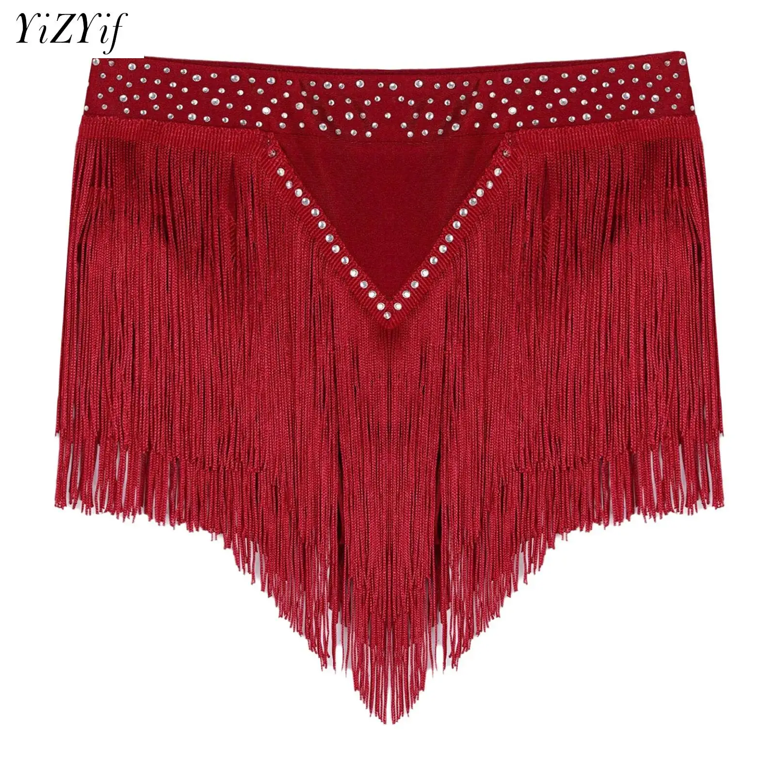 

Latin Dance Hula Short Skirt Dress Kid Stage Carnival Party Performance Costume Rhinestones Waist Layered Tassel Belly Dancewear