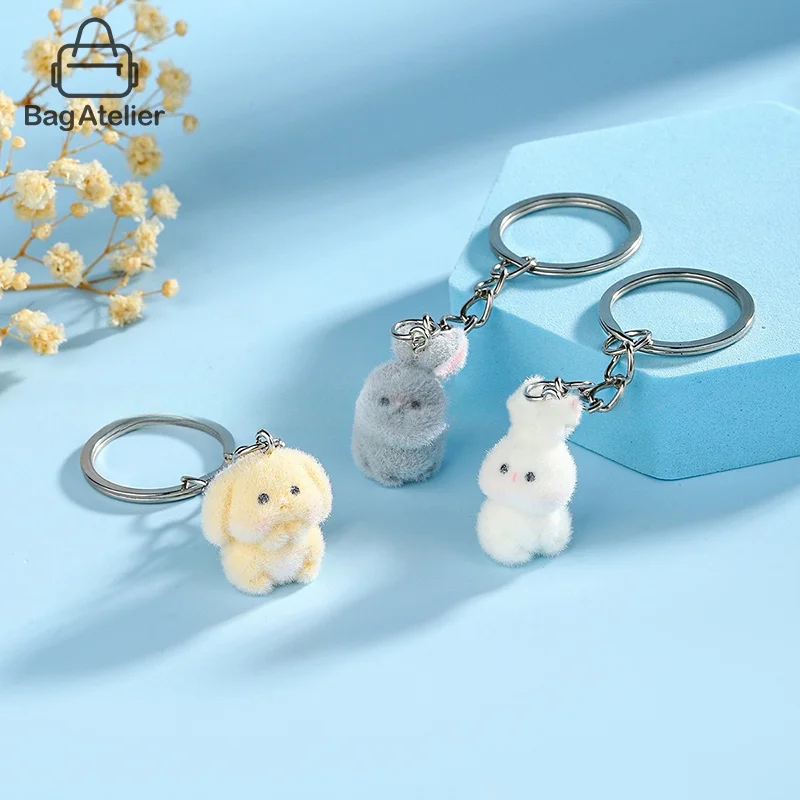 Cute Flocking Bunny Bag Charms Pendant Keychain 3D Animal Phone Headphone Case Decoration Car Keyring Jewelry Gift