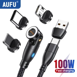 AUFU PD 100W 540 Rotate Magnetic Cable USB C to Type C Cable 5A Fast Charging Data Cord For Macbook iPhone Xiaomi Huawei Laptop