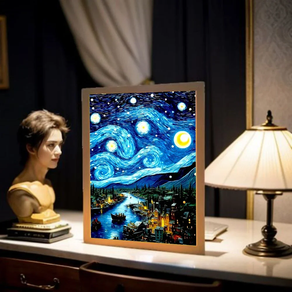 

Van Gogh Light Painting Picture Frame Led Night Light Moon Lamp Starry Sky Wall Art Oficina Bedroom Home Room Decor Friend Gifts