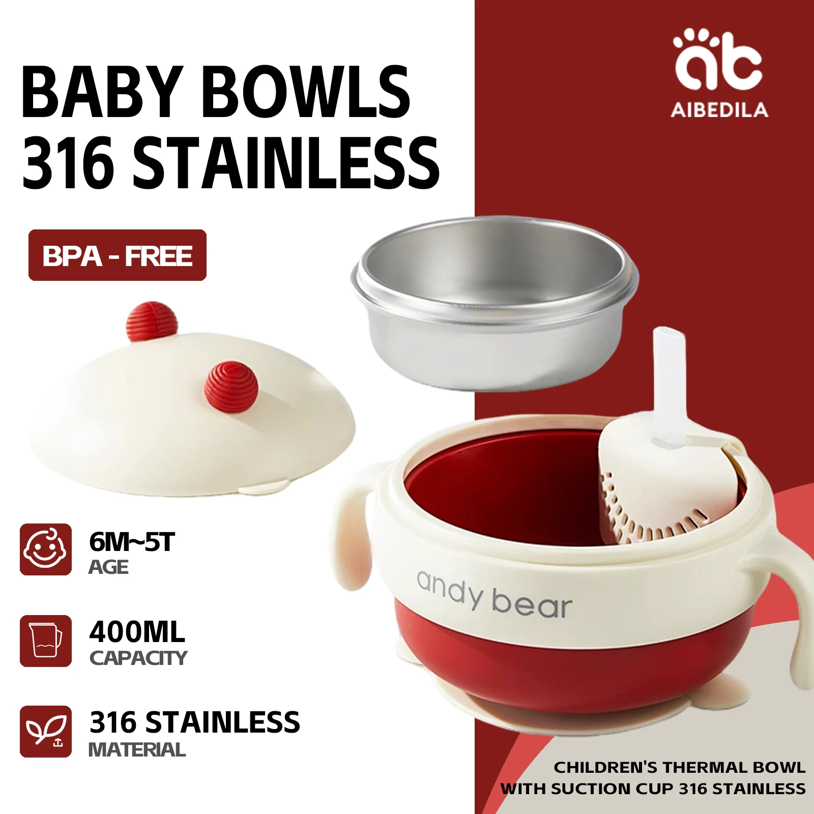 

AIBEDILA Baby Bowl 316 Stainless Steel Liner With lid For Feeding Pink 400ml Children's Thermal Bowl With Suction Cup