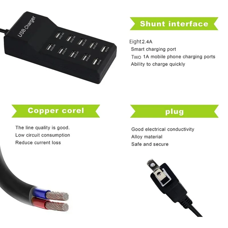 USB Charger 5V 10A 50W USB Charging Station with 10-Port Smart USB Ports for Cellphone Tablet Multiple Devices Extension Socket