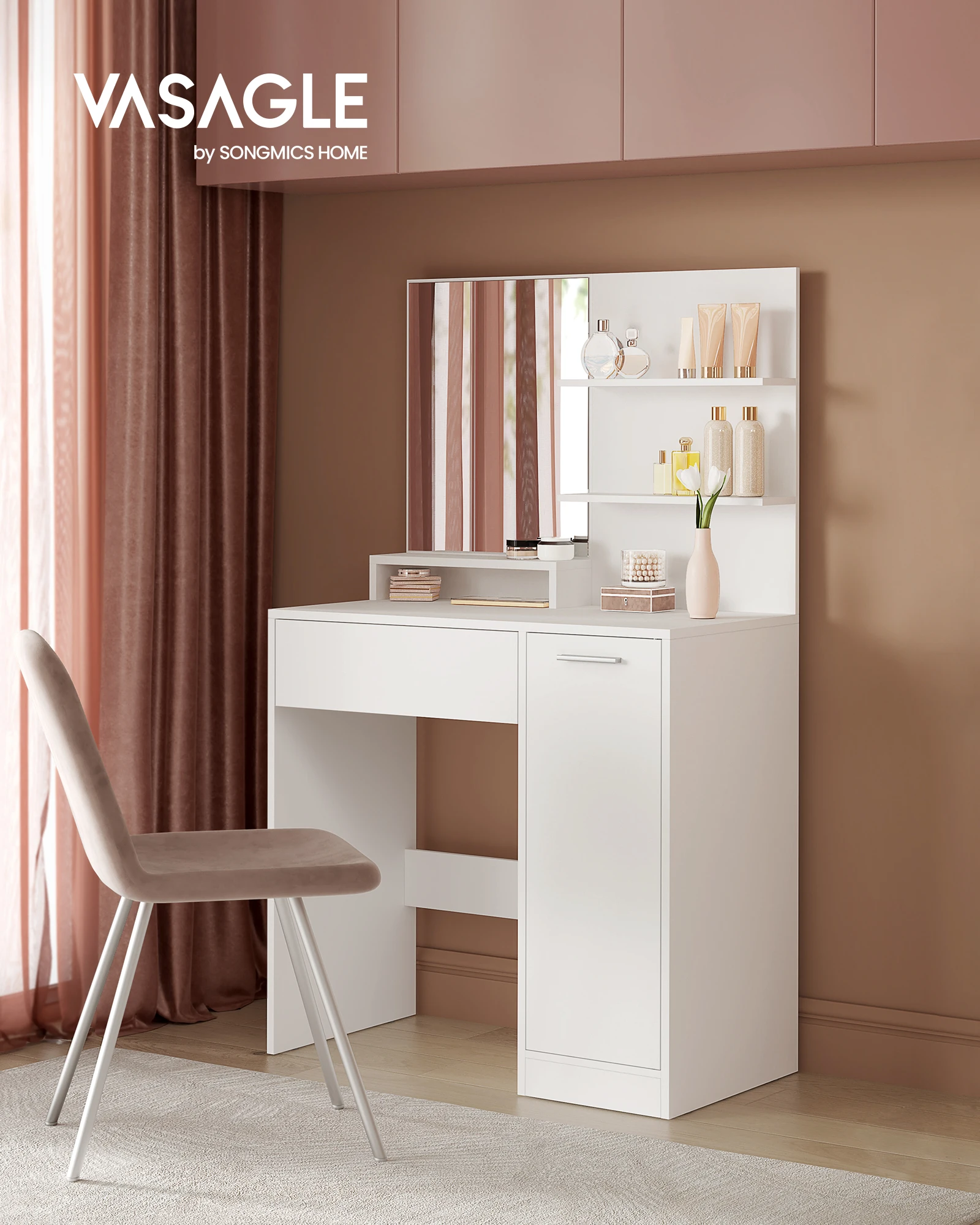 Coiffeuse-Placa de rango de 80x40x132 cm, 1 tirón, miroir con 2 polos, SANS TABOURET, Organizador