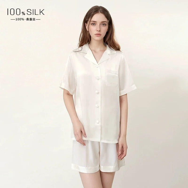 2025 Summer New Cross-border Silk Pajamas for Women - 100% Mulberry Silk Short-sleeve and Short-pants Loungewear Set that can be