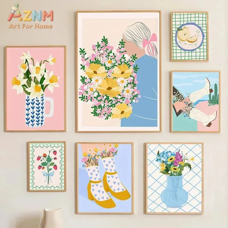 Cute Pastel Floral Vase Canvas Wall Art Colorful Flower Cowboy Boot Poster Unframed Canvas Painting for Living Room Bedroom Home