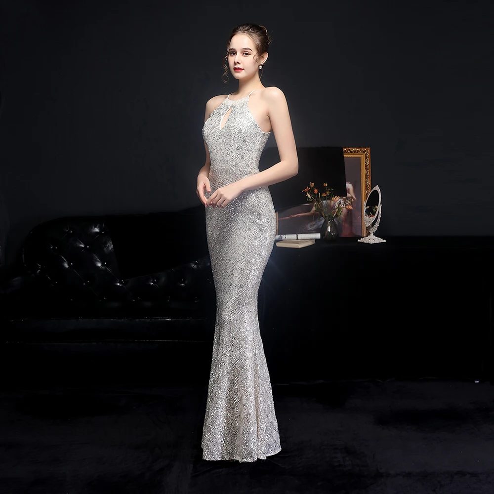 Women's Halter Sequins Long Length Mermaid Evening Dresses