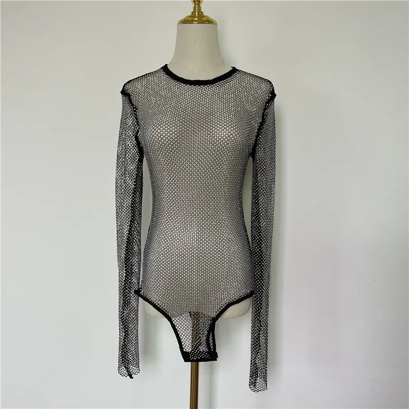 Women 2023 Summer Hollow Out Sexy Crystal Diamond Bodysuit Long Sleeves Fishnet Body Top Backless See Through Bodysuits