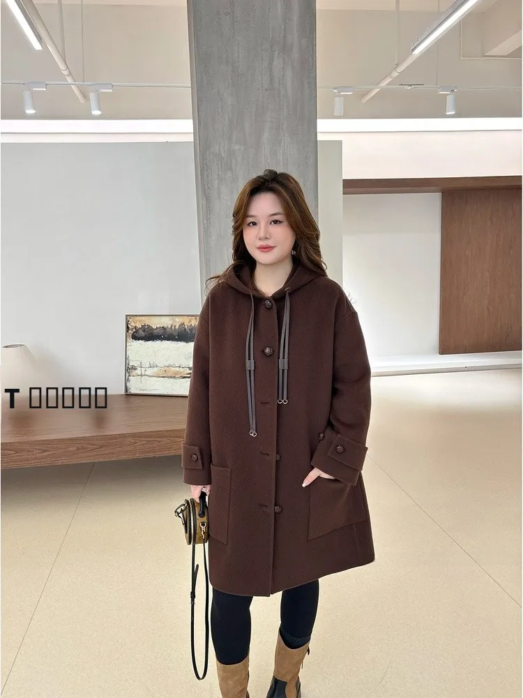 

JoJo Private Label 00% Wool Musoom Button Large Size Women's Hooded Woolen Coat Casual Sle Long Sve Diamond Pattern