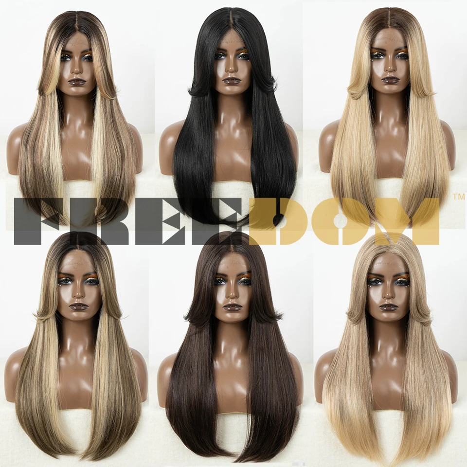 Synthetic Lace Front Wigs For Women Straight Lace Wig With Bangs Ombre Brown Honey Blonde Wig Cosplay Wig