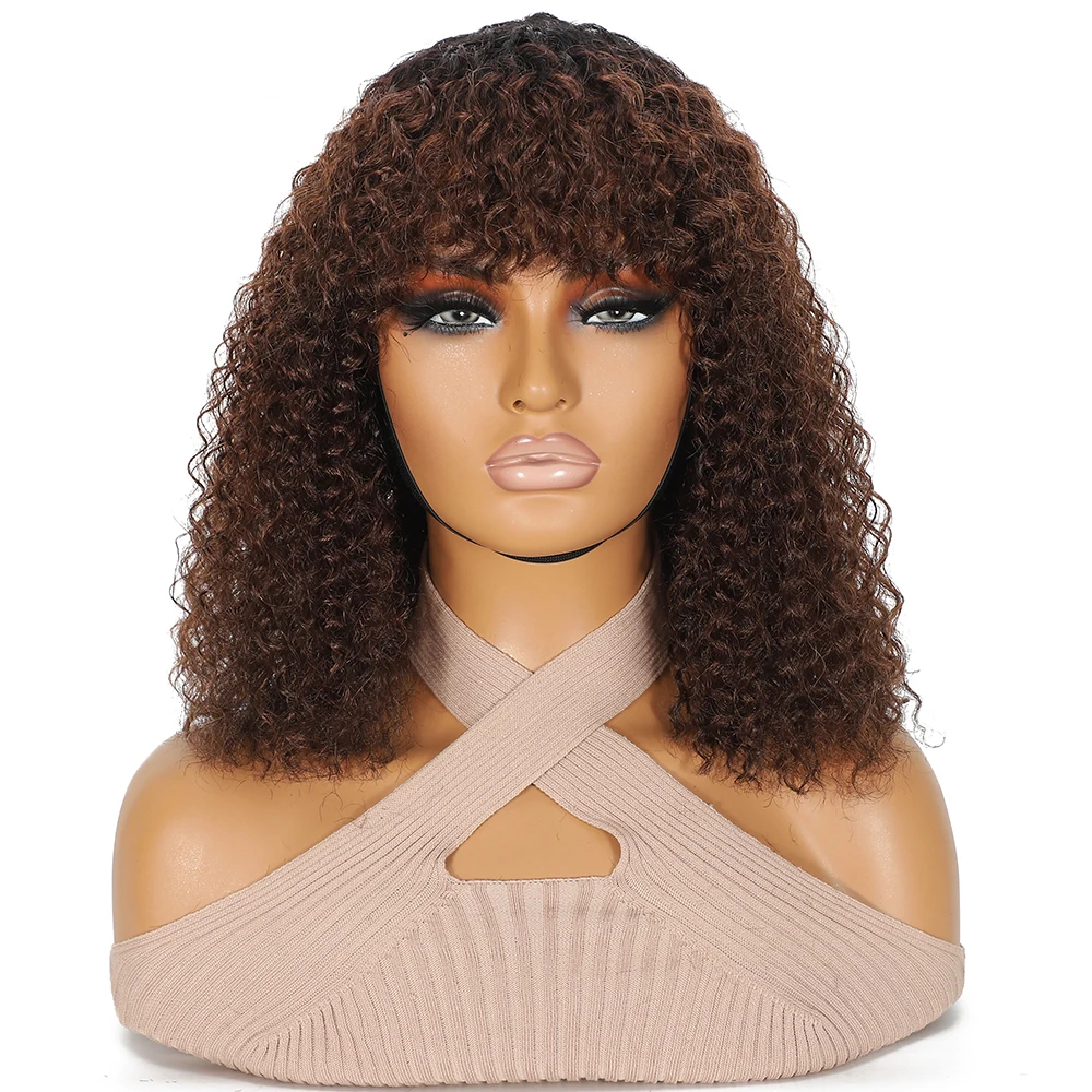 

Short Curly Bob Human Hair Wigs With Bangs 200% Full Machine Made Wigs Human Hair Kinky Curly Bob Wigs For Women ombre 1B/4