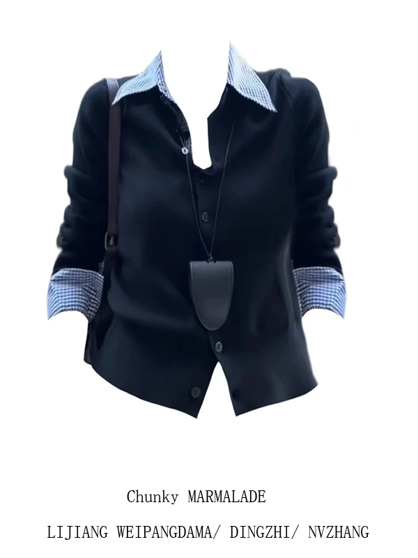 

Женская длинная футболка размера плюс све, приталенная, корейская, с клетчатым воротником, в стиле пэчворк, осенняя новинка Faion irt