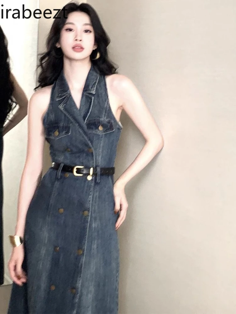 

Vintage Sexy Retro Double Row Buttons Off-Shoulder Sleeveless Denim Dress for Women Summer Fitted Waist Slimming Long Length