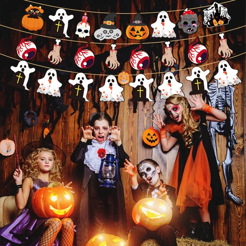 

Halloween flag party decorations hanging scene atmosphere layout props pennant ghost pumpkin zombie home festival decoration