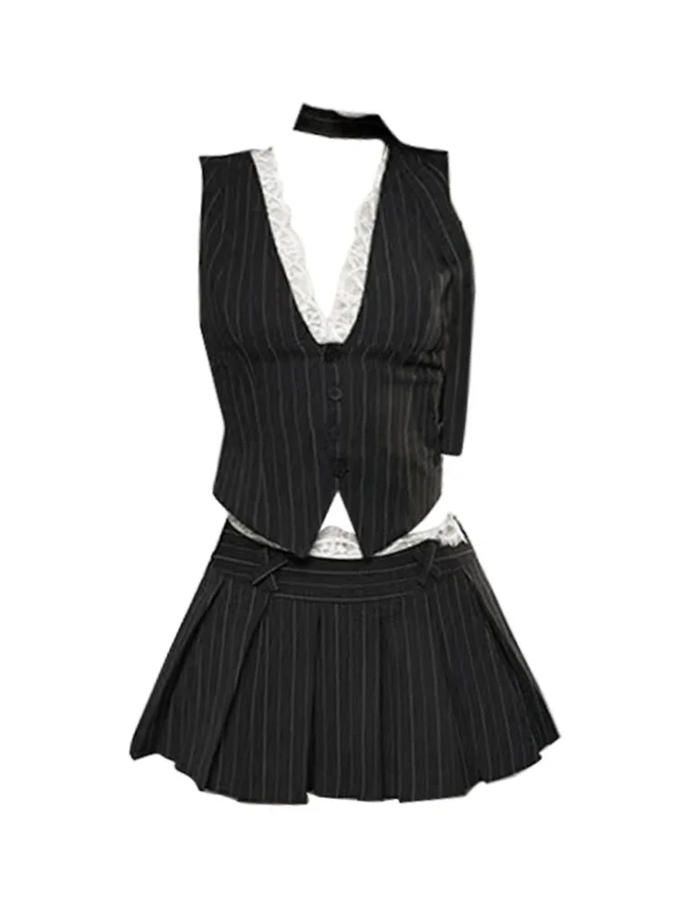 Women Old Money 2000s Aesthetic Cutecore Y2k Korean Fashion Outfits 2 Piece Set Striped Lace Vest  + Hot Mini Pleated Skirts