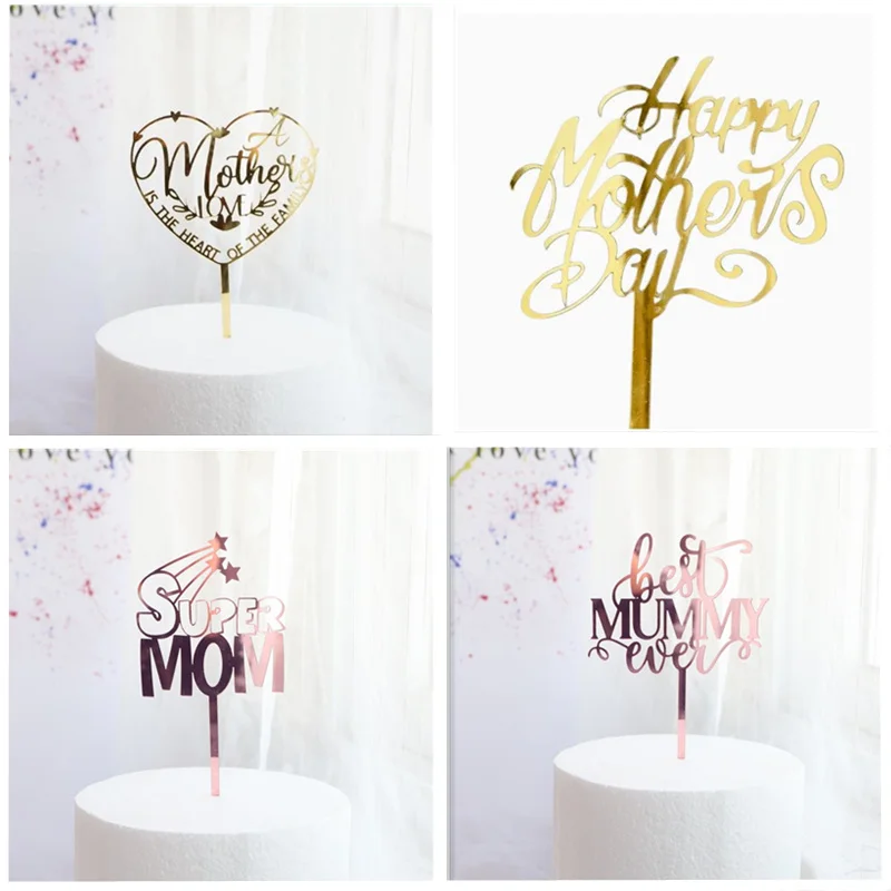 INS Gold Happy Mother's Day Cake Topper Dessert Decoration High-grade Acrylic for MOM Birthday Party Cake Toppers Baking Supplie