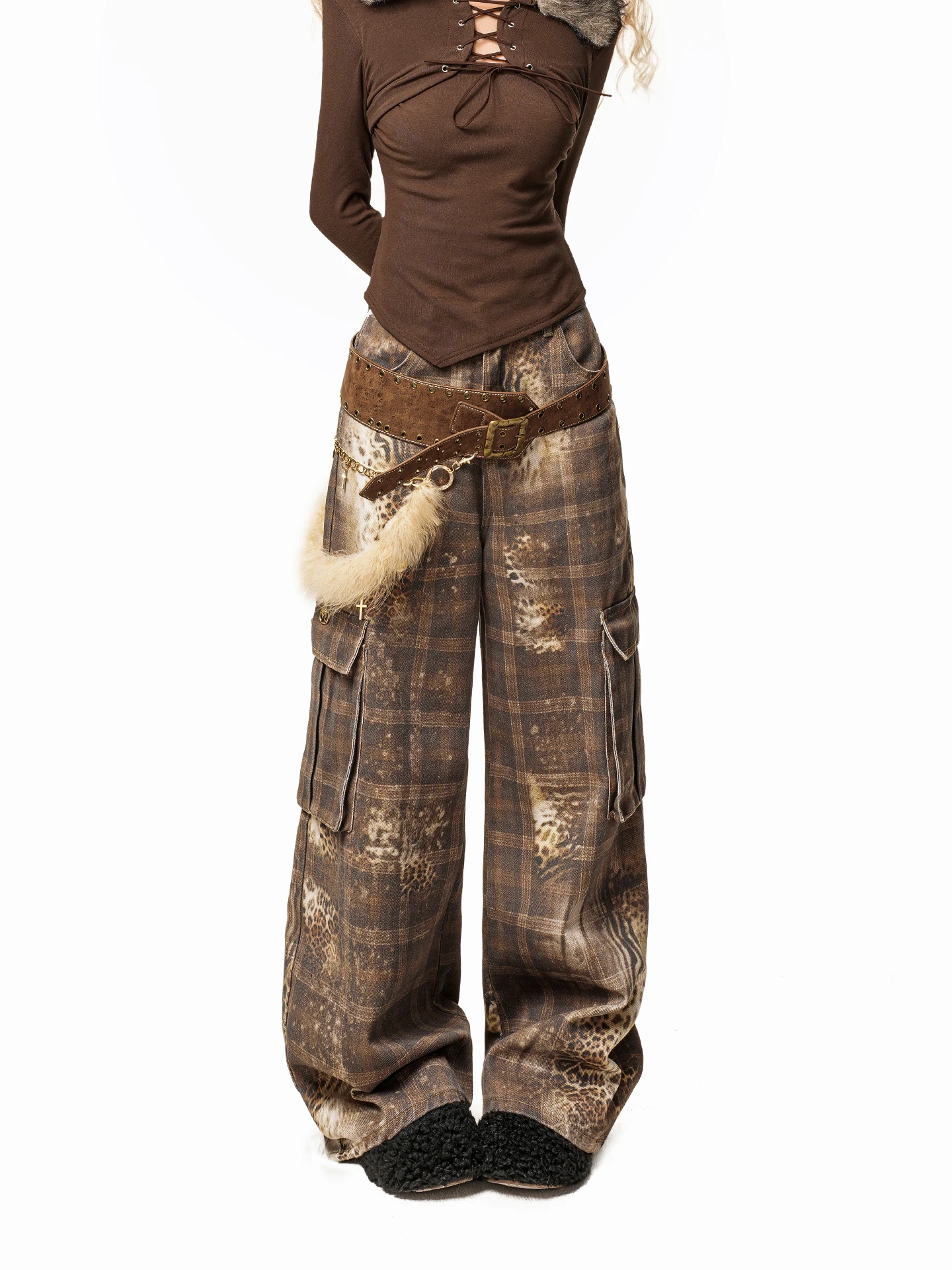 

Американские ретро-брюки в клетку для женщин, дизайнерские, свободные, прямые, с леопардовым принтом, джинсы с низкой талией