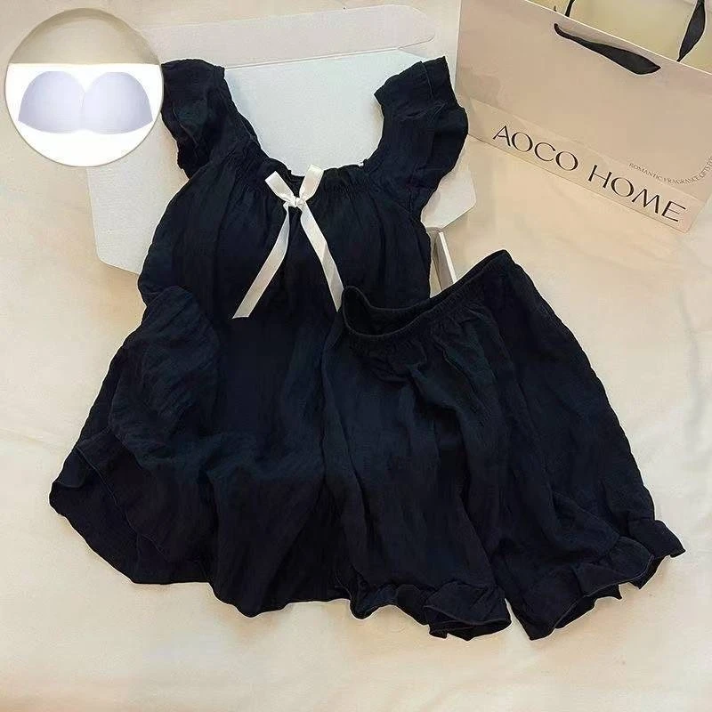 2pcs/set Women Cute Solid Colour Pajamas Summer Lady Comfortable Chest Padding Homewear Girls Sweet Ribbons Bow Pajama Sets