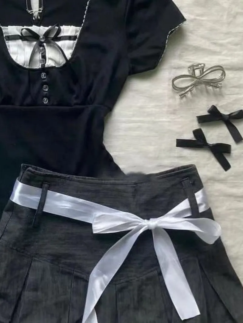 Mori Girl Style Bow Sets Sweet Tees Korean Elegant Black Tshirts Women High Waist Cake Pleated Skirts Preppy Y2k Two Piece