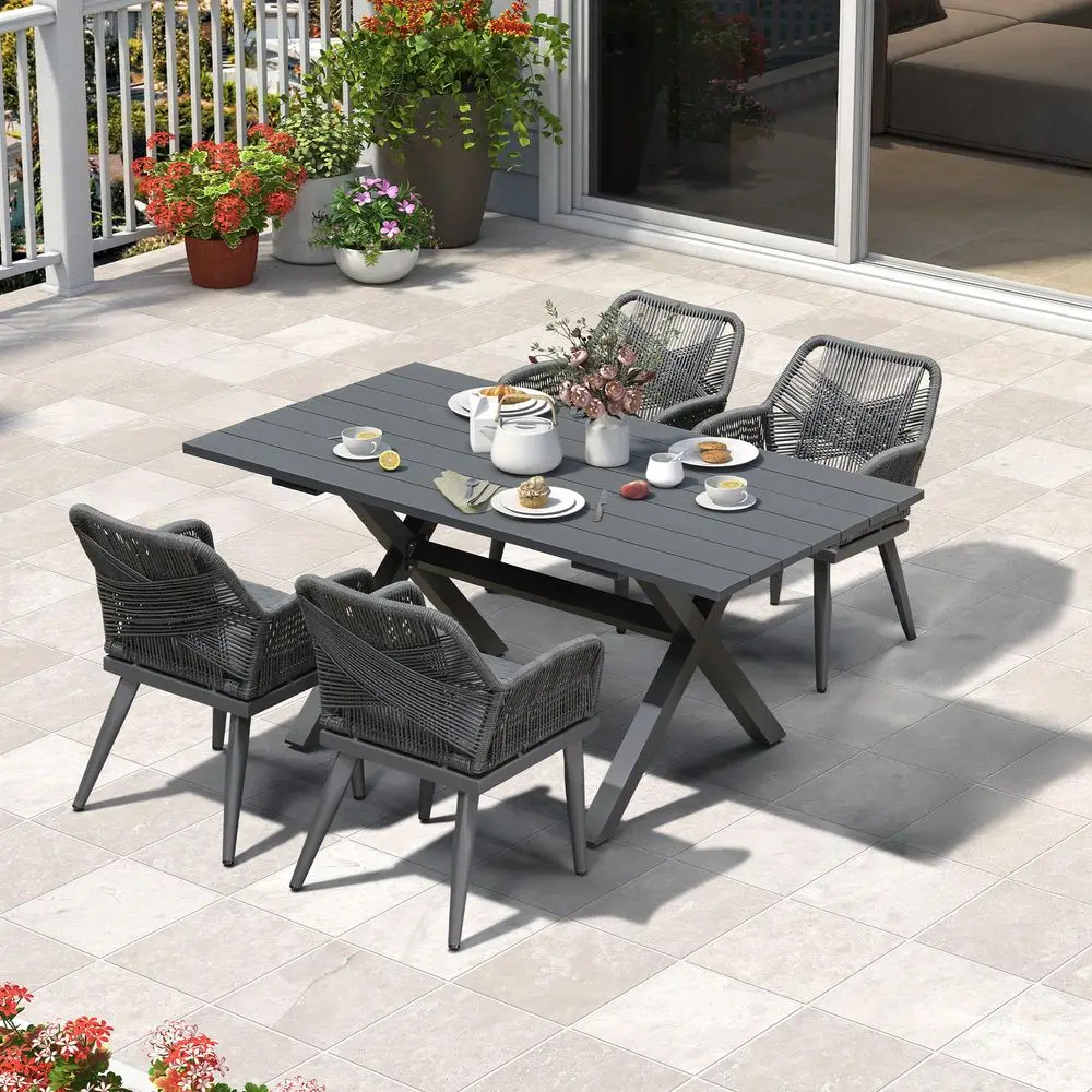 

5 Pieces Outdoor Dining Set AllWeather PE Rattan Outdoor Patio Furniture Set with All Aluminum Frame Rectangular Table and Chai