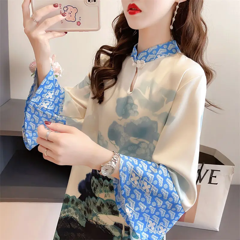 Summer New Oversized Dress with Stand-up Collar Printed Short Cheongsam Fashion Casual Korean Version Commuter Versatile Middle