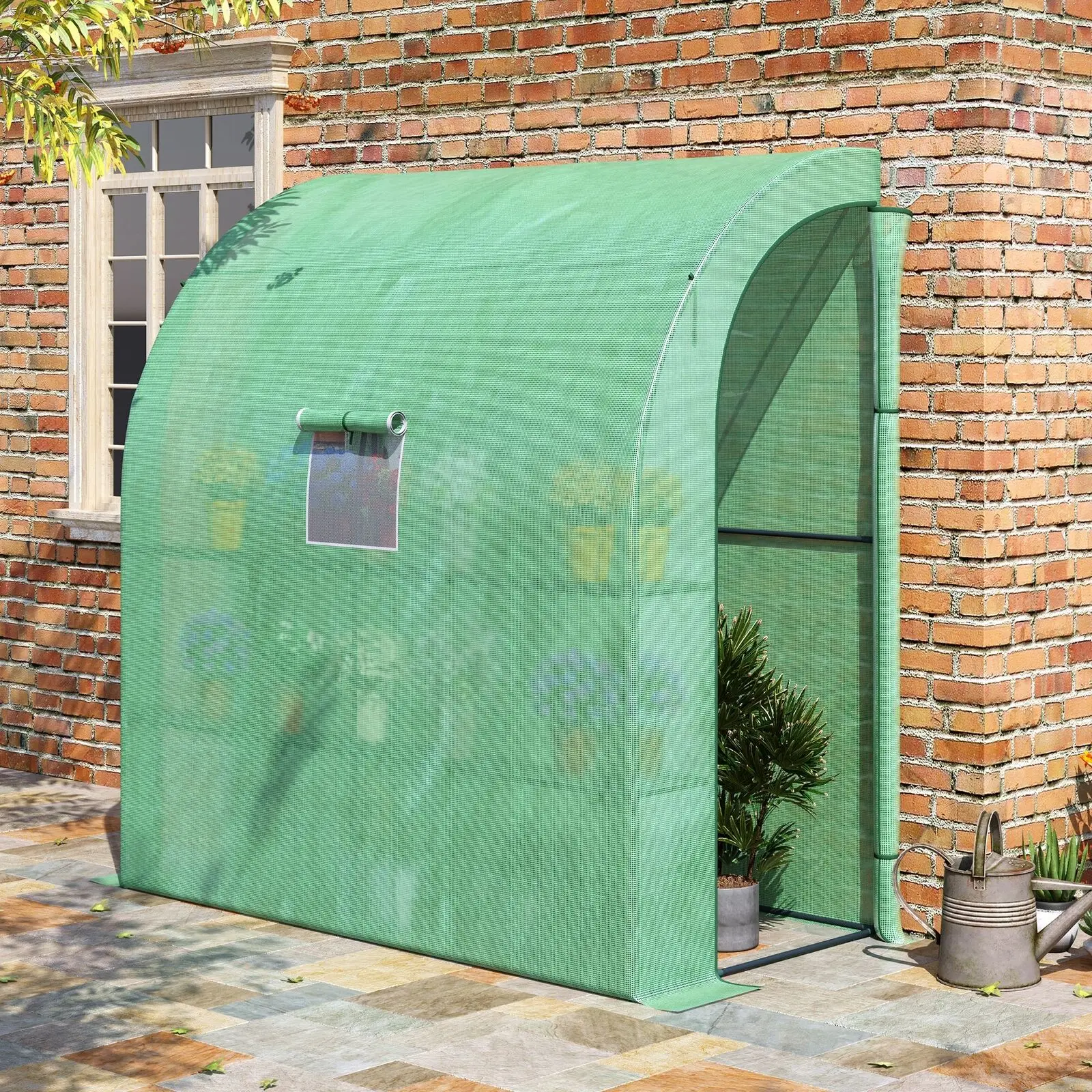 US- 7' x 3' x 7' Outdoor Walk-in Lean-to Greenhouse Nursery, PE Cover, Door, Green