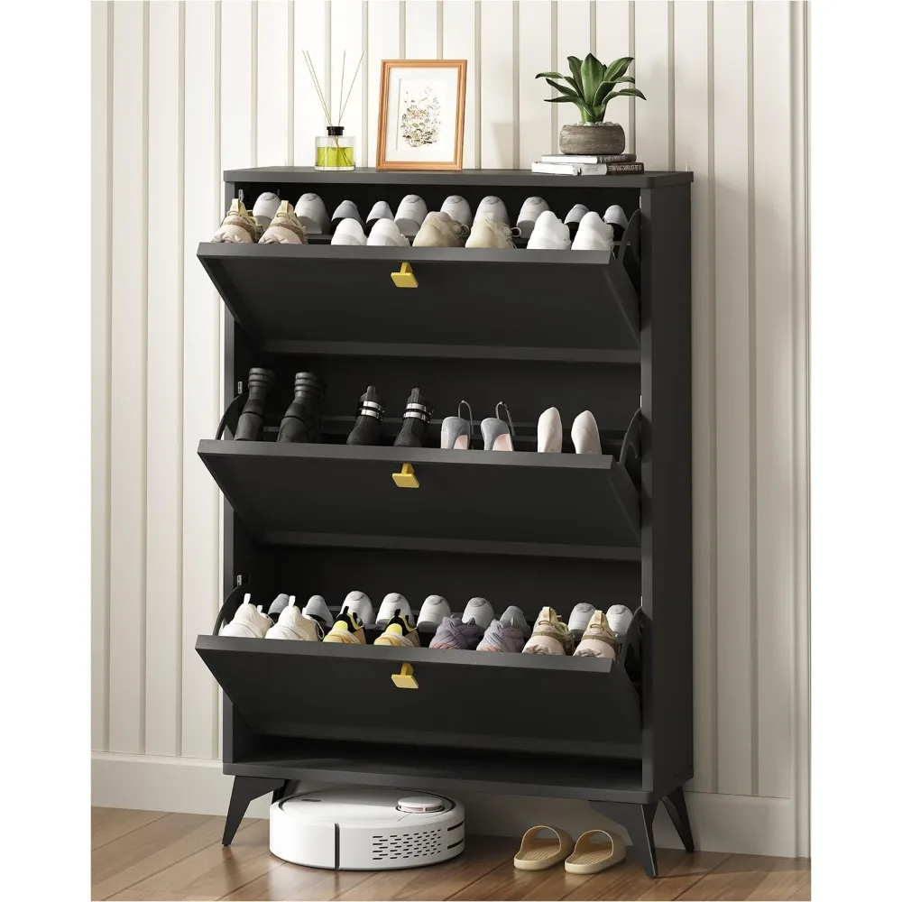 

Shoe Storage Cabinet with 3 Flip Drawers, Shoe Rack Cabinet with 3-Tier Removable Shelves and Golde Handles, Freestanding Shoe O