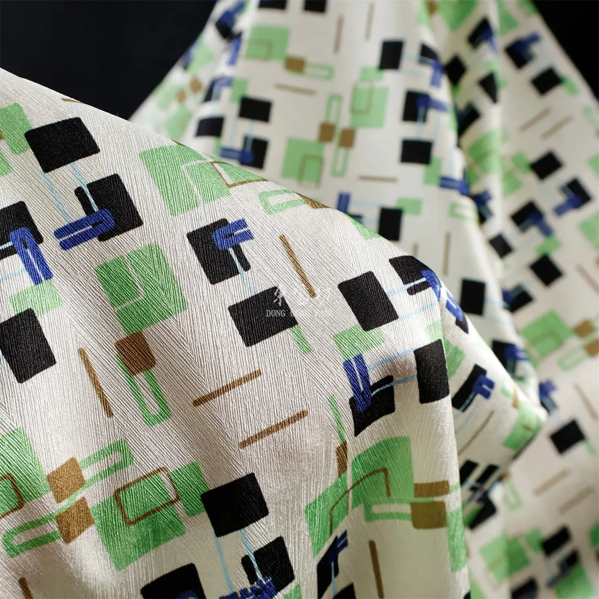 19 Momme Silk White Background Green Black Blue Geometric Pattern Fabric Cheongsam Dress Skirt Fabric