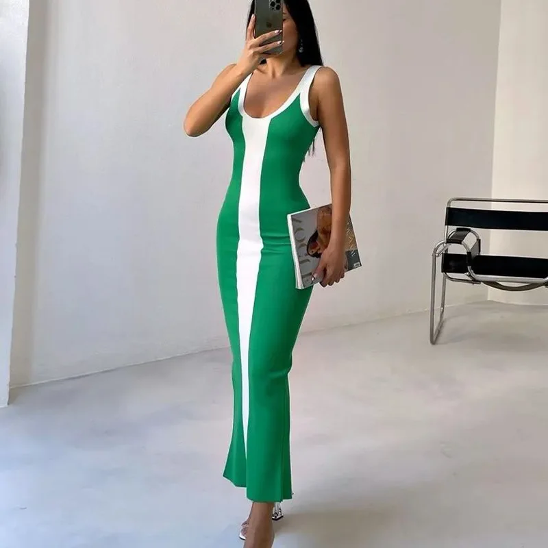 

Fashion Contrast Stripe Dress Casual V Neck Sleeveless Long Dresses Summer Sexy Backless Knit Contrasting Color Mid-length Dress