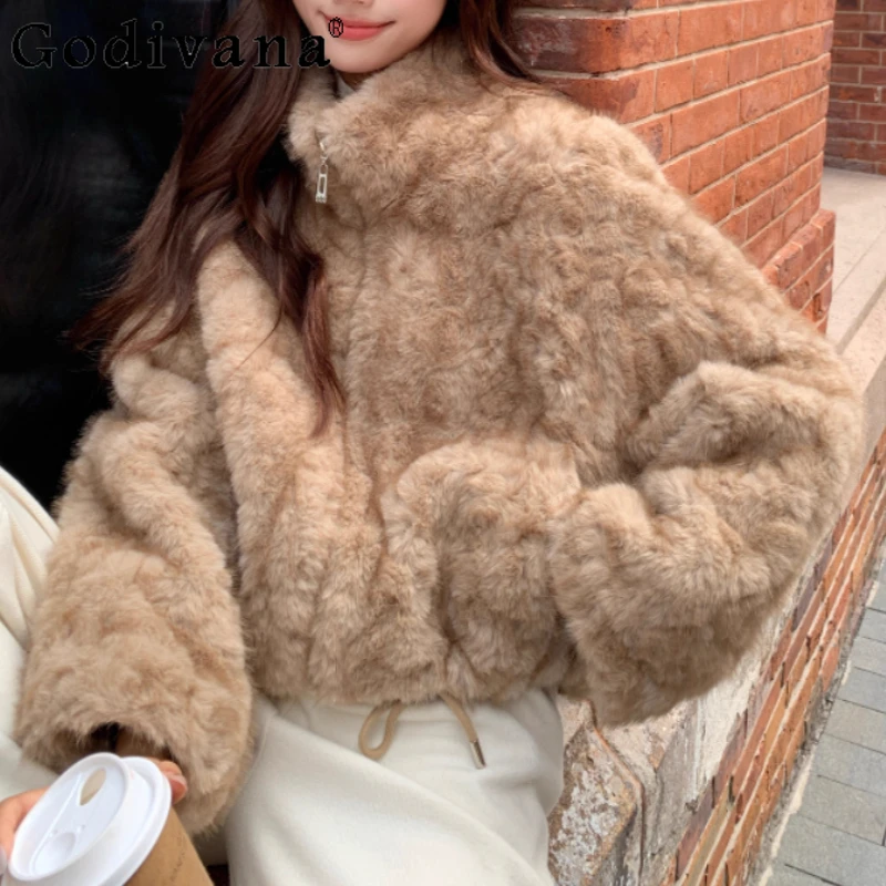 Chaqueta gruesa y cálida con cuello levantado para mujer, Top coreano de manga larga, holgado y versátil, Color café, Otoño e Invierno