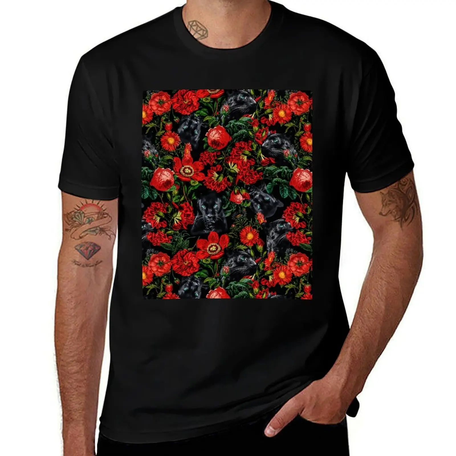 

Panther and Floral Pattern XO T-Shirt man t shirts for men casual t shirts for man graphic vintage t shirt man plain T-shirt