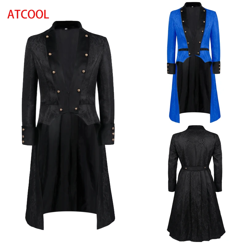 Halloween Cosplay Medieval Judge Costume Jacquard Tailcoat Victorian Pleated Skirts Steampunk Men Frock Jacket Renaissance