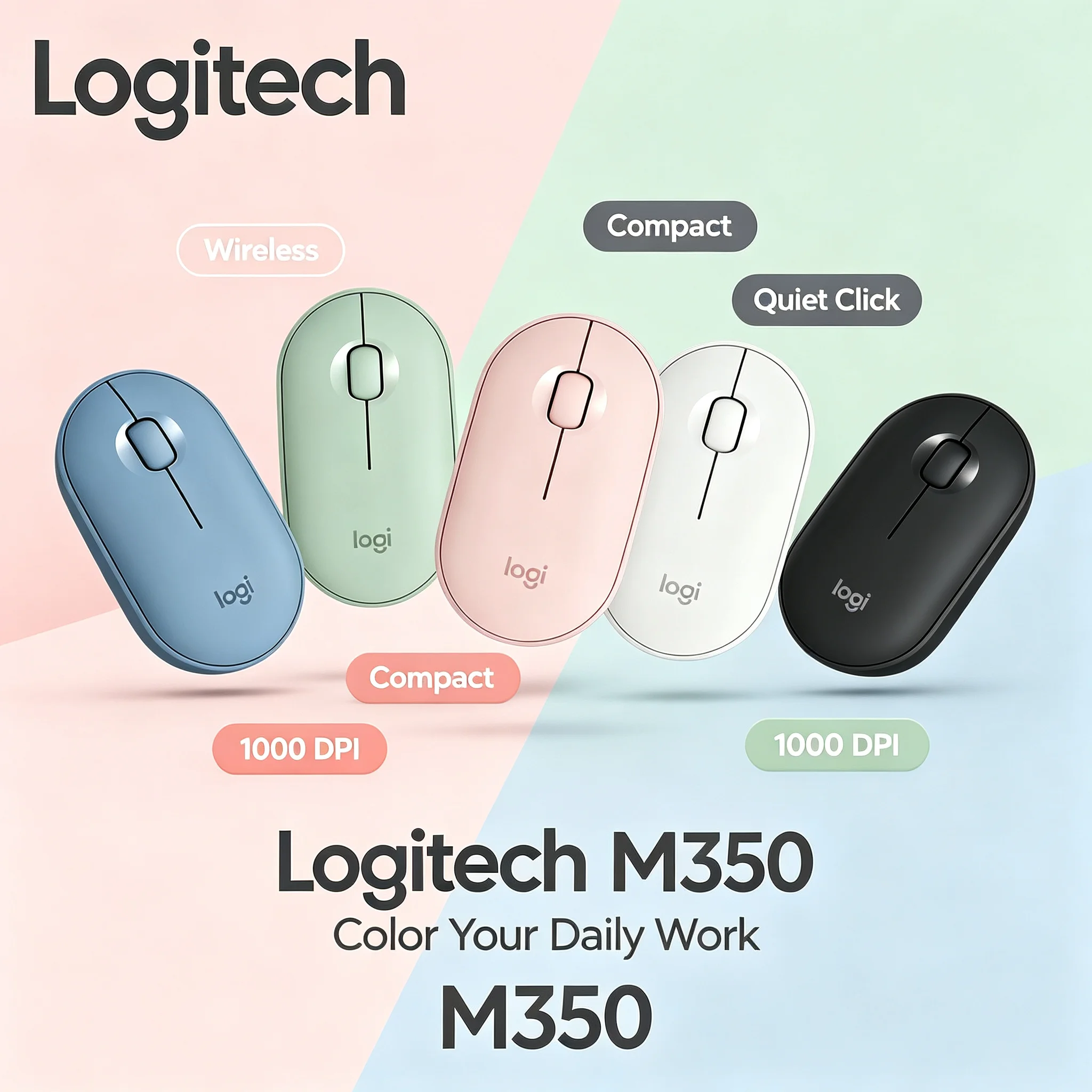 Logitech Pebble M350 Slim Wireless Mouse Quiet Click & Scroll Ergonomic Portable Office Laptop Mice