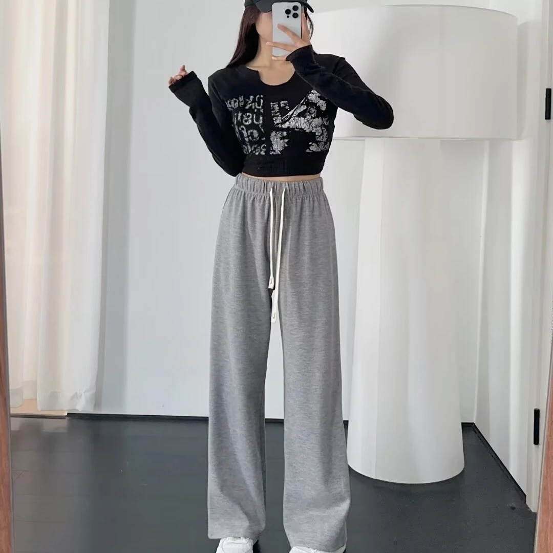 Pantalon décontracté taille haute à jambes larges pour femme, drapé, polyvalent, amincissant, jambes droites, Long, printemps-automne