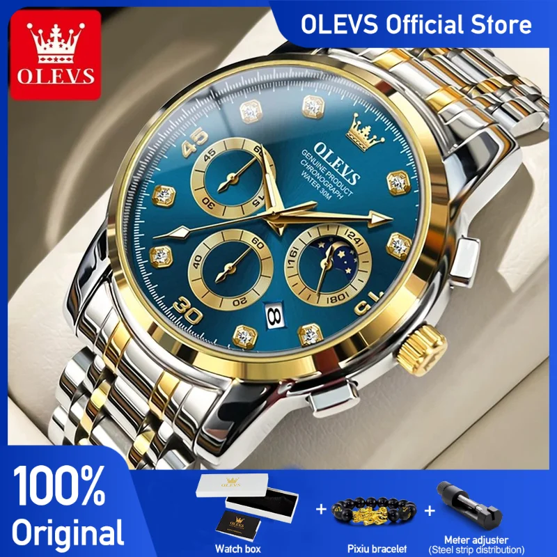 

OLEVS Men's Watches Multifunction Original Quartz Watch for Man Waterproof Stainless Steel Luminous Chronograph Moon Phase Date