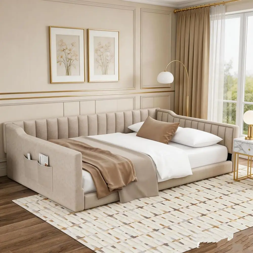 Extra Large Storage Bed with Upholstered Sofa, Daybed Design, Suitable for Bedroom, Living Room, Beige